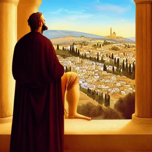 Image similar to fantasy art of king david overlooking the city of jerusalem through his palace window