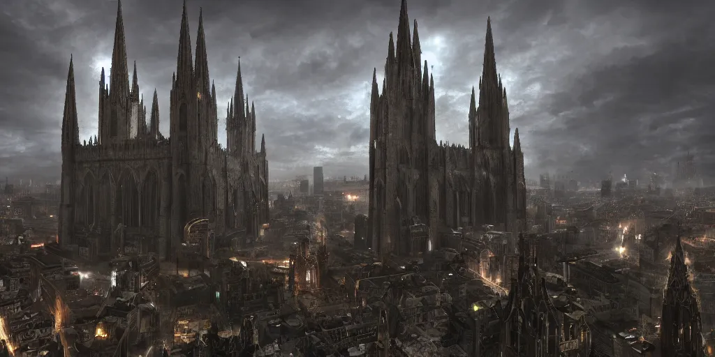 Prompt: a giant cathedral towering above the city, medieval, fantasy apocalypse, digital art, mmo, 4 k,