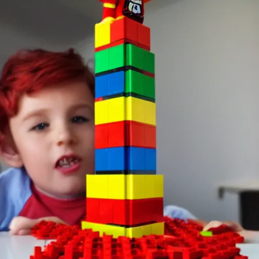 Prompt: a little boy lego minifigure with red hair builds a tower out of lego