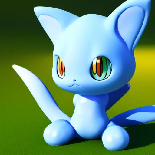 Image similar to nymph render of a very cute 3d Mew pokemon, adorable eyes, cute smile, full round face, bright sunny time, serene forest setting, medium shot, mid-shot, highly detailed, trending on Artstation, Unreal Engine 4k