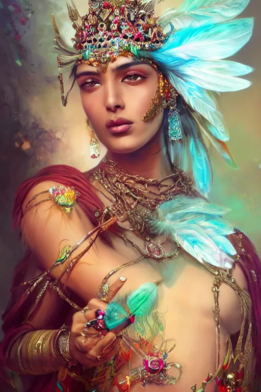 Prompt: beautiful indian model wearing crystal crown full of jewels and feathers, warhammer, cyberpunk, 3 d render, hyper realistic detailed portrait, holding magic flowers, scifi, fantasy, hyper detailed, octane render, concept art, peter mohrbacher, artgerm, ruan jia, wlop
