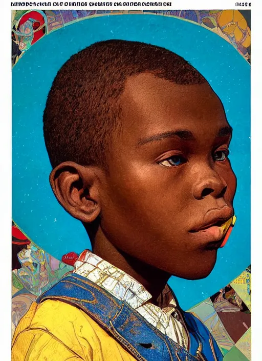 Image similar to colourful upper half portrait of an african boy with proportions in the style of jack davis - presented in magazine collage, art hsiao - ron cheng & alphonse mucha, magazine collage, highly detailed, caricature, digital painting, concept art, ray tracing, illustration, smooth, sharp focus, intricate, symmetry, pinterest, behance, artstation