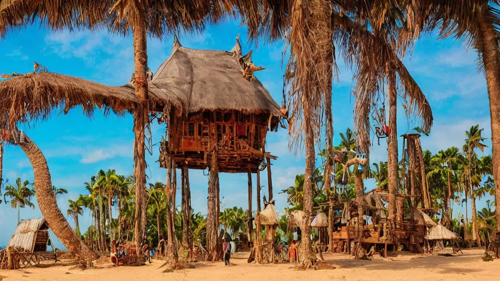 Prompt: west african village on stilts, solar punk, solar panels, strangler fig, turquoise beach, dragon blood tree, sunset, ornate gothic window details, cinematic,