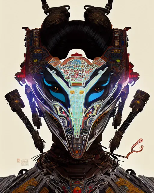 Image similar to portrait of a machine from horizon zero dawn, machine face, upper body, decorated with chinese opera motifs, asian, traditional chinese art, intricate, elegant, highly detailed, digital painting, artstation, concept art, smooth, sharp focus, illustration, art by artgerm and greg rutkowski and alphonse mucha, 8 k