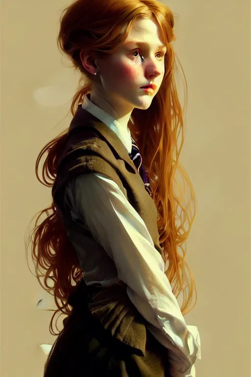 Image similar to portrait of a scottish teenage girl with dark blonde hair, glowing skin, intelligent face, school uniform, intricate, elegant, dress shirt, highly detailed, digital painting, artstation, concept art, smooth, sharp focus, illustration, art by Krenz Cushart and Artem Demura and alphonse mucha