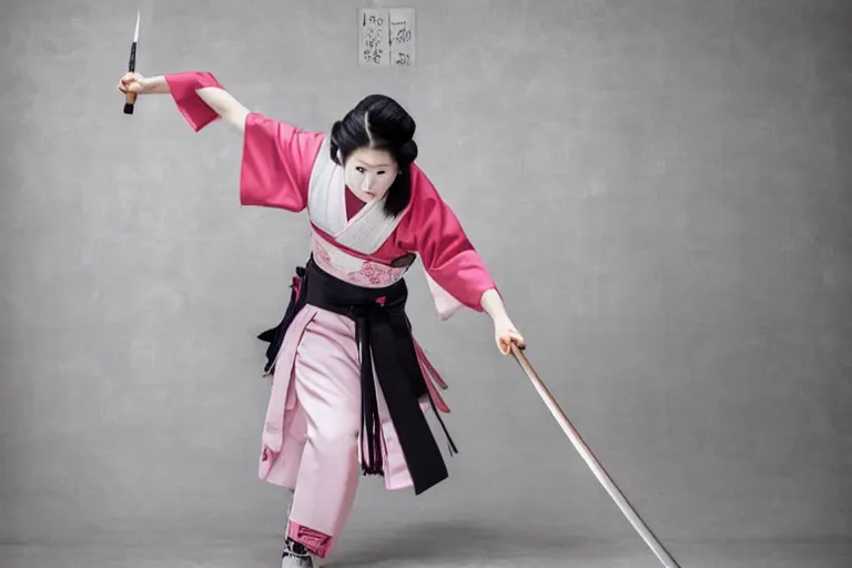 Prompt: beautiful photo of a young modern geisha samurai practising the sword in a traditional japanese temple, mid action swing, beautiful eyes, huge oversized sword, award winning photo, muted pastels, action photography, 1 / 1 2 5 shutter speed, dramatic lighting, anime set style