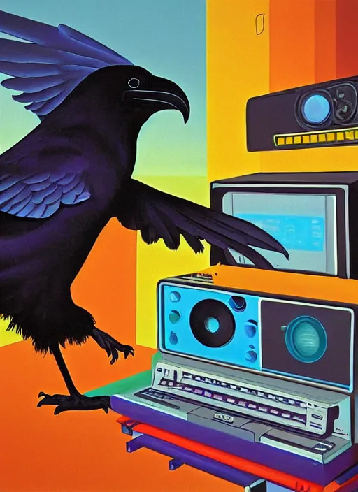 Image similar to a raven digging through 8 0 s era technology, vintage shapes, retro technology, happy color, wayne barlow, oil on canvas, deep depth of field, masterpiece, cinematic composition, hyperdetailed