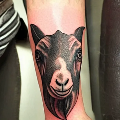 Image similar to a tattoo of a goat. The goat has a stick of dynamite in its mouth