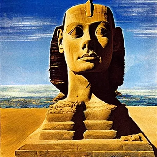 Image similar to john cleese as the sphinx, the sphinx with the head of john cleese, young john cleese's head on the sphinx, painting by salvador dali