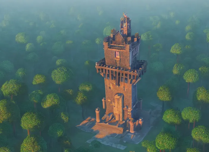 Prompt: overhead view of the great tower of the south in the magical forest of saporra, medium shot, studio ghibli, pixar and disney animation, sharp, rendered in unreal engine 5, anime key art by greg rutkowski, bloom, dramatic lighting