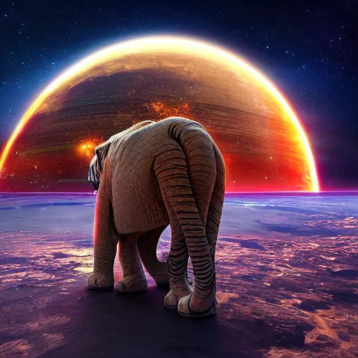 Prompt: planet - sized tiger elephant in space, next to the sun and stars, very wide shot, epic composition, hyper detailed, digital art, trending in artstation, cinematic lighting, studio quality, unreal engine 5 rendered, art style by klimt and nixeu and ian sprigger and wlop and krenz cushart