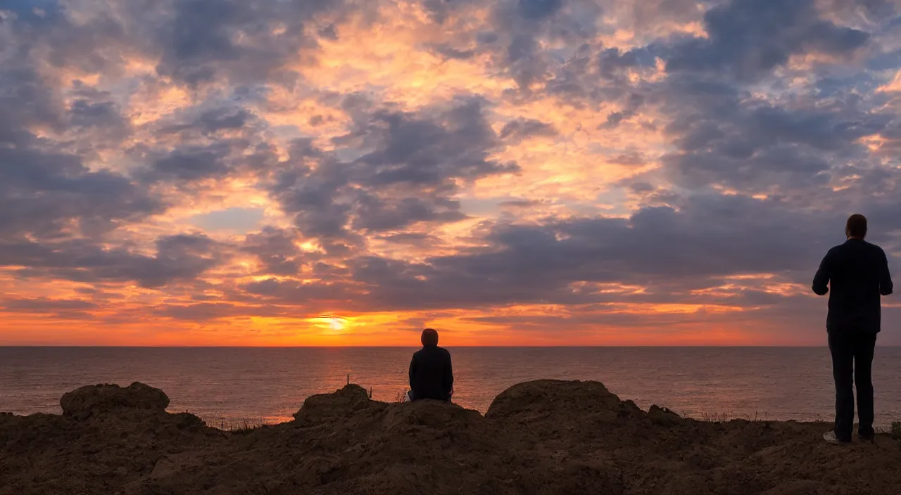 Image similar to a man thinking while looking at the horizon on a sunset