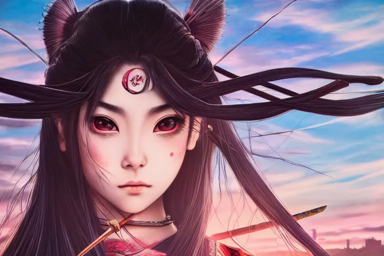 Prompt: highly detailed beautiful photo of a madison beer as a young female samurai, practising sword stances, art by koyoharu gotouge, symmetrical face, beautiful eyes, realistic, 8 k, award winning photo, pastels colours, action photography, 1 / 1 2 5 shutter speed, sunrise lighting,
