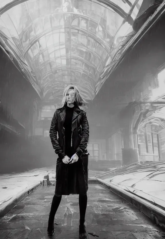 Image similar to cute model annie leonhart posing in dunwall city building roof, beautiful face, detailed face, realistic eyes, cinematic lighting, rainy weather, melancholy atmosphere, volumetric light, gothic architecture, realistic reflections, model agency, instagram photo, depression atmosphere, shot on sony camera, beauty filter, postprocessing