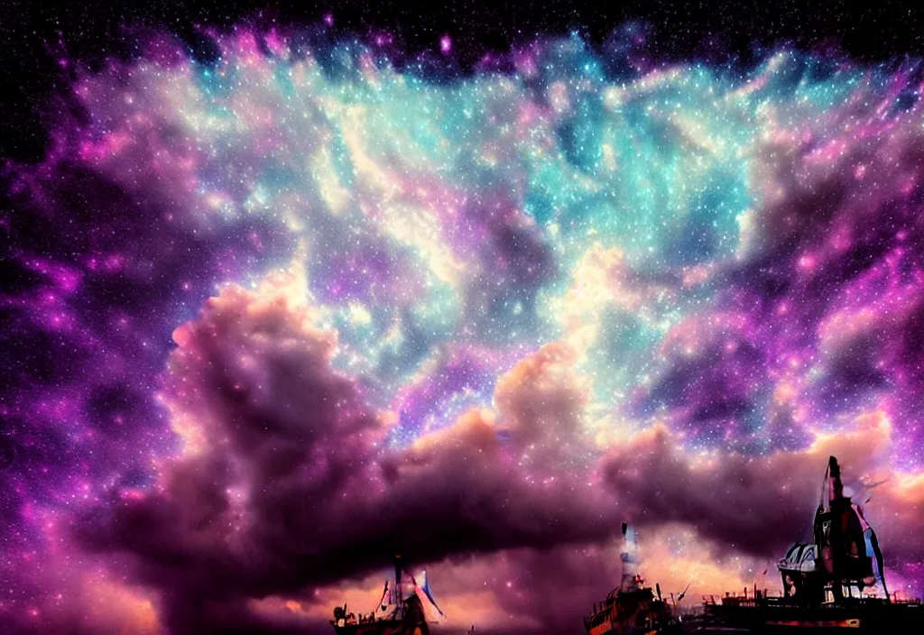 Image similar to purple color lighting storm with stormy sea close up of a pirate ship firing its cannons trippy nebula sky with dramatic clouds painting by banksy Photorealism