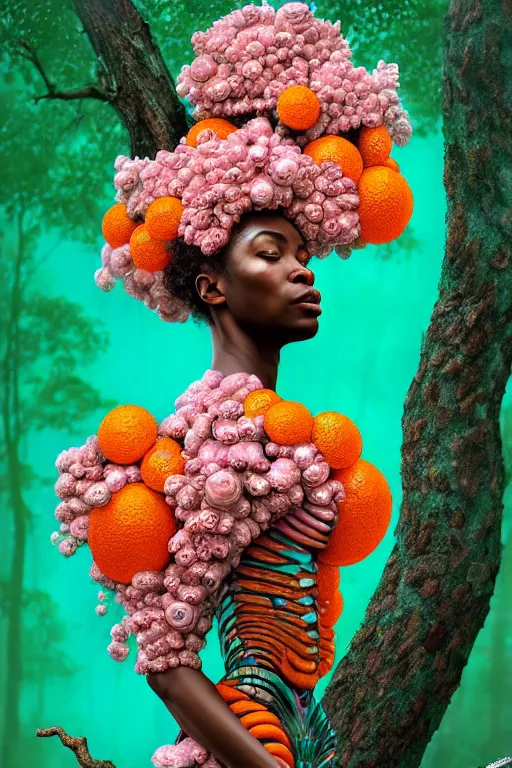 Image similar to hyperrealistic neo - rococo cinematic super expressive! yoruba goddess with exoskeleton armor, merging with tree in a forest, pink orange flowers, highly detailed digital art masterpiece, smooth cam de leon eric zener dramatic pearlescent soft teal light, ground angle hd 8 k, sharp focus