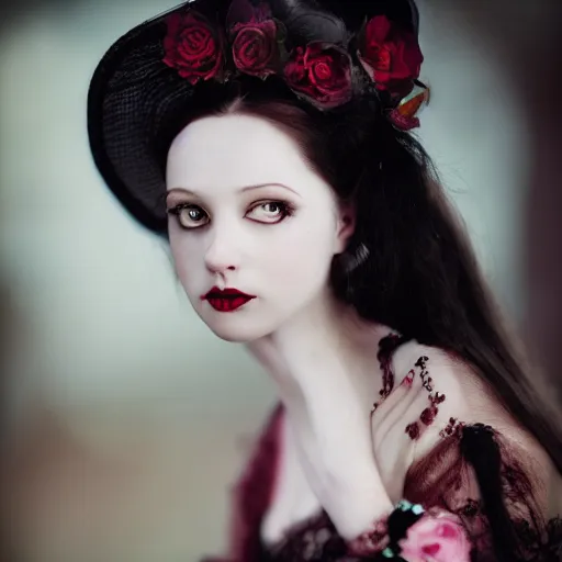 Prompt: A beautiful portrait of a lady vampire, victorian, '20, photography, 35mm, depth of field, bokeh, soft light, cinematic