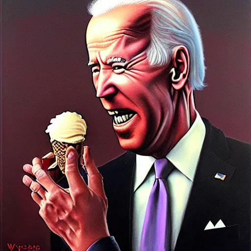 Image similar to epic Joe Biden eats waffle cone ice cream in pandemonium, demons and souls, portrait, art by Wayne Barlowe, oil on canvas