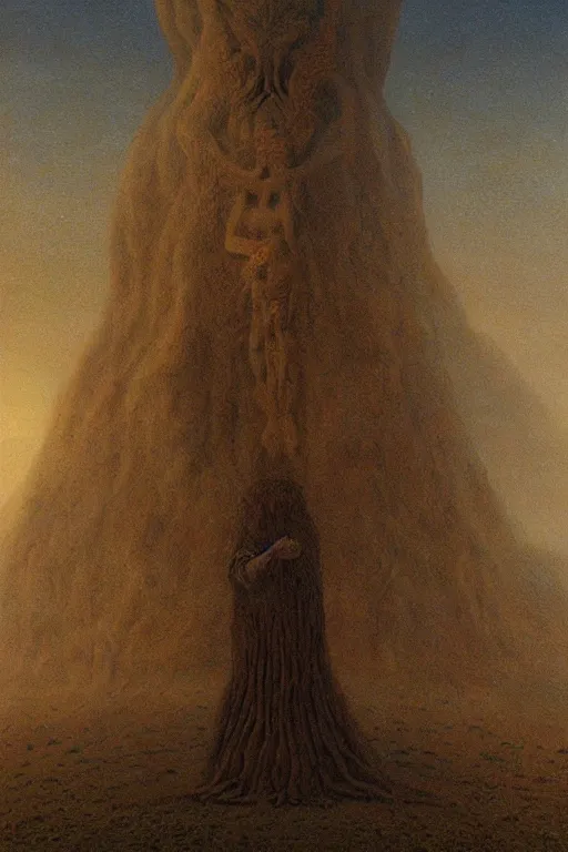 Image similar to tall terrifying humanoid beast looming over a tiny human in a surreal landscape at dusk, agostino arrivabene