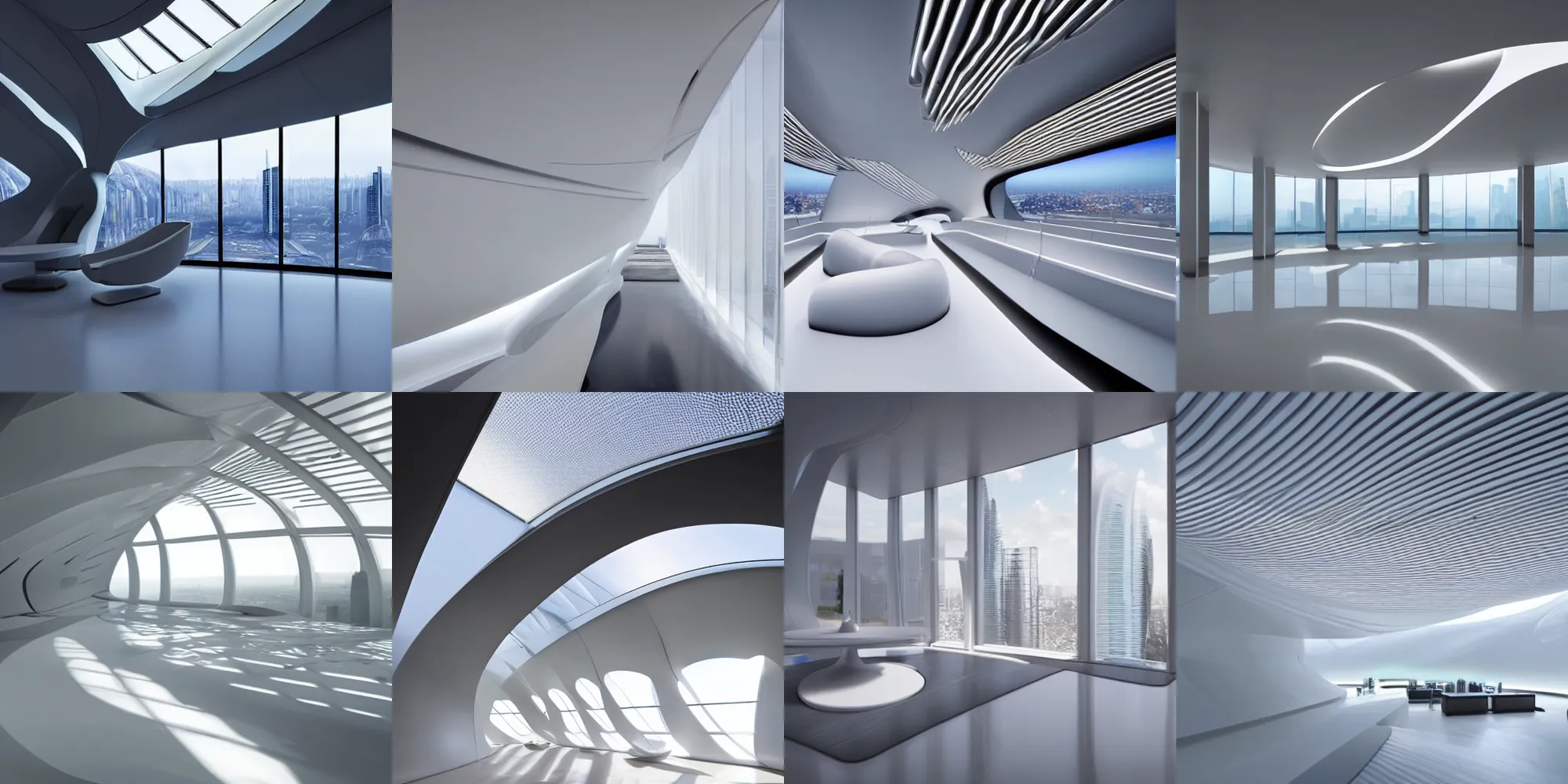 Prompt: white clean futuristic room design in the architecture and forms of zaha hadid, ultrarealistic volumetric dramatic morning sun lighting lighting through the windows with a futuristic skyline outside