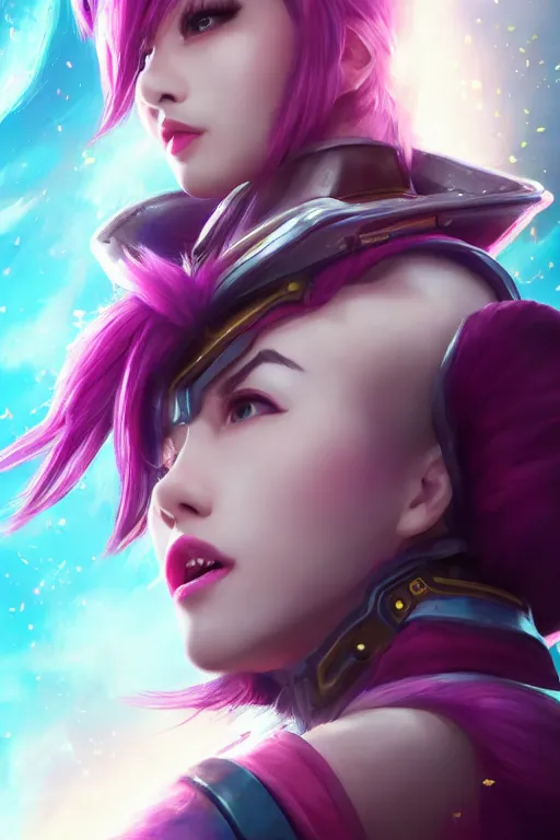 Image similar to portrait art of vi from league of legends, 8 k ultra realistic, digital art, character portrait, highly detailed, trending on artstation, lens flare, atmosphere, hyper realistic, cinematic lightning, sharp focus, unreal engine 5, extreme details perfect face, pretty face, fine - face, illustration, 8 k, ultra texture, masterpiece