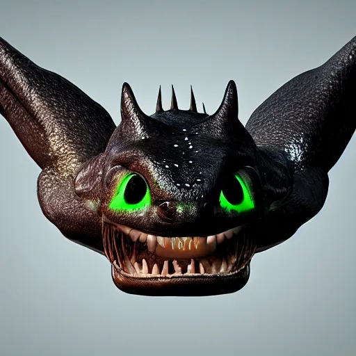 Image similar to realistic toothless, bioluminescent, detailed, studio shot, unreal engine 5, octane, high definition, smooth, artstation, behance