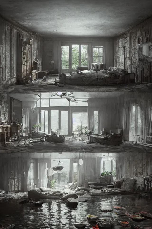 Image similar to flooded house interior, hyperdetailed, octane , hyper realistic , detailed , interior , hyperfocal 8k , in the style of Gregory Crewdson