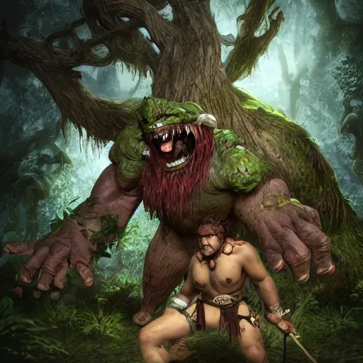 Image similar to giant ettin with two heads, ettin from dungeons and dragons, dnd in a dark forest, digital art, high quality render, artstation, 8 k, photograph quality, ultrahd