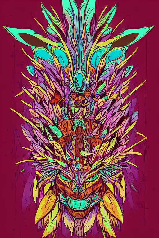 Image similar to animal mask totem roots flower tribal feather gemstone plant wood rock shaman vodoo video game vector cutout illustration vivid multicolor borderlands comics by josan gonzales and dan mumford radiating a glowing aura