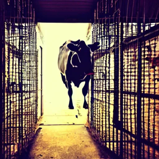 Prompt: cow running from a cage to a light of freedom
