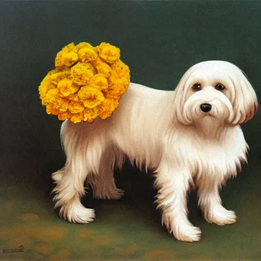 Prompt: portrait of a cream colored havanese dog with marigolds by diego rivera 1 9 3 5