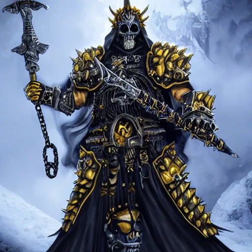 Image similar to lich king wearing black and gold armor with skulls and chains, holding a two handed sword with golden handle, wearing spiky helmet with mask