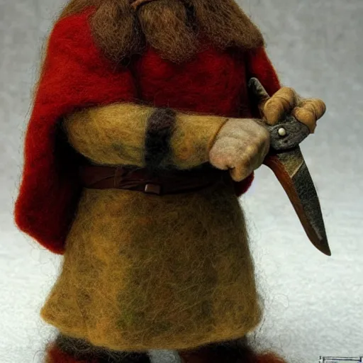 Image similar to needle felted gimli from the return of the king (2003), highly detailed, tilt shift, eerie!!!, hyperrealism, highly textured, god rays