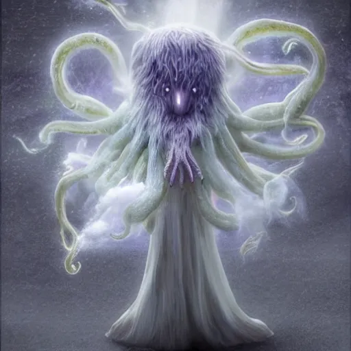 Image similar to an ethereal dream like fantasy fluffy ghost like spooky live action muppet wraith like figure with a squid like parasite latched as its head and four long tentacles for arms that flow gracefully at its sides like a cloak while it floats around a frozen rocky tundra in the snow searching for lost souls and that hides amongst the shadows in the trees, this character has hydrokinesis and electrokinesis is a real muppet by sesame street, photo realistic, real, realistic, felt, stopmotion, photography, sesame street