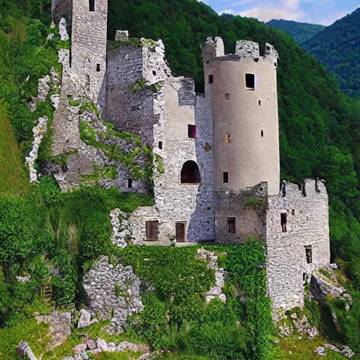 Image similar to old castle ruins on top of mountain in the village of verclause france, digital painting, realism, 4 k,