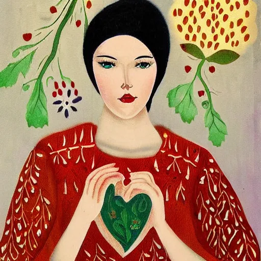 Prompt: russian folk art. young woman with many hearts. autumnal colours. realistic