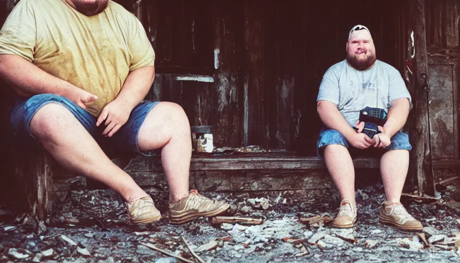 Image similar to close up portrait of fat redneck man sitting on front porch of dilapidated house, award winning, kodak gold 2 0 0,