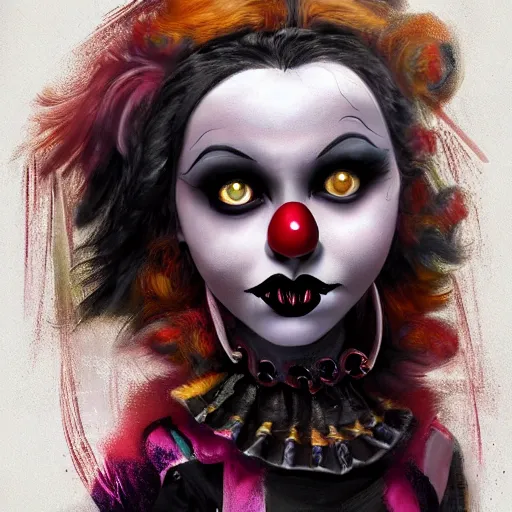 Image similar to goth clown girl, painting, highly detailed, artstation, colorful, beautiful