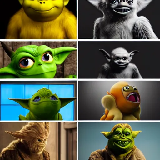 Image similar to emma watson godzilla yoda donkey kong pikachu yeti spongebob homer, highly detailed, extremely high quality, hd, 4 k, 8 k, professional photographer, 4 0 mp, lifelike, top - rated, award winning, realistic, detailed lighting, detailed shadows, sharp, no blur, edited, corrected, trending