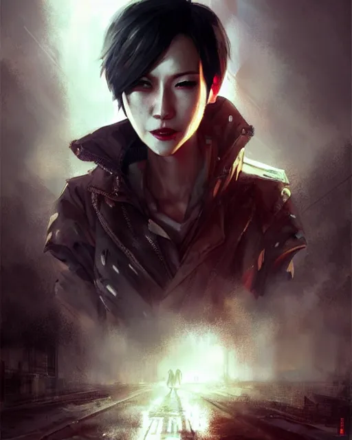 Image similar to battle hardened, sly, cunning, rugged ada wong, face centered portrait, confident, ruined cityscape, zombies, fog, rain, volumetric lighting, soft light particles floating near her, illustration, perfectly shaded, soft painting, art by krenz cushart and wenjun lin