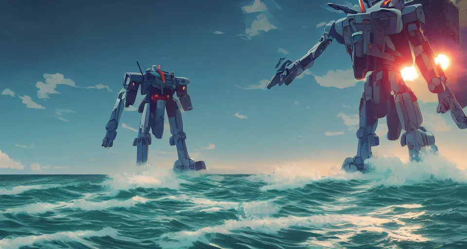 Image similar to A serene coast with a GIANT MECHA GUNDAM bright sunny waves splashing on the beach, rendered by simon stålenhag, rendered by Beeple, Makoto Shinkai, syd meade, environment concept, digital art, Gundam style, starwars, unreal engine, 3 point perspective, WLOP, trending on artstation, low level, 4K UHD image, octane render,