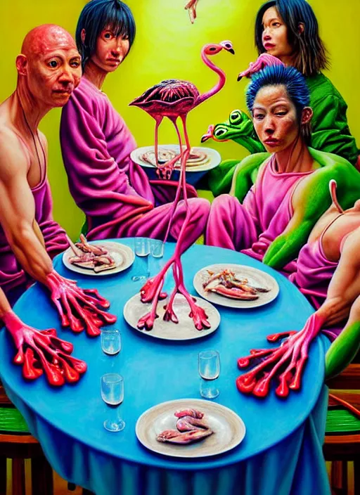 Prompt: hyper realistic detailed painting of a frog criminal family in japanese clothes in an old italian restaurant eating roasted flamingos and drinking neon blue wine by Bel Fullana, Tony Matelli, Rhys Lee, Storm Thorgerson, and Danny Fox, neo expressionism art, semi naive, rich deep colors. Allison Schulnik painting, part by Adrian Ghenie and Gottfried Helnwein. art by Ron Mueck. masterpiece