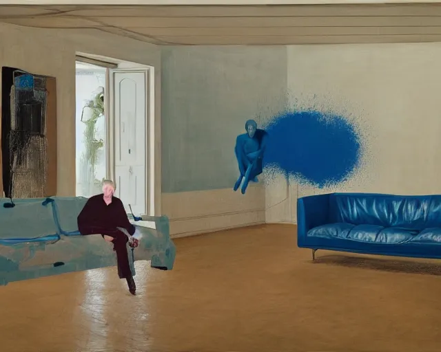 Image similar to a man reclines on a sofa in a domestic interior by james jean and luc tuymans and beeple and hernan bas and pat steir and hilma af klint, psychological, 3 d, dripping paint, high quality render, masterpiece