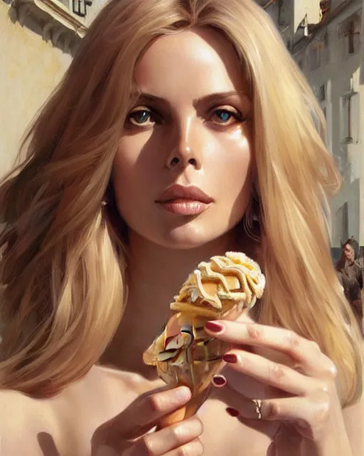 Prompt: portrait of a blonde barbara bach from the bond film eating ice creams in porto, real life skin, intricate, elegant, highly detailed, artstation, concept art, smooth, sharp focus, art by artgerm and greg rutkowski and alphonse mucha