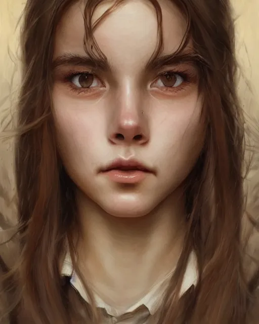 Image similar to symmetry!! portrait of 1 5 - year - old girl with voluminous bushy brown hair, large front teeth, and bright piercing brown eyes, hyper realistic face, beautiful eyes, fantasy art, in the style of greg rutkowski, intricate, hyper detailed, smooth