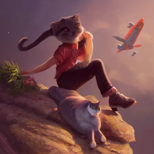 Image similar to a painting of a person sitting on a rock with a cat and a plane at the side, an ultrafine detailed painting by mandy jurgens, featured on deviantart, fantasy art, 2 d game art, ilya kuvshinov, steampunk