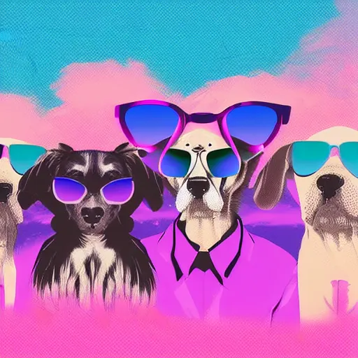 Prompt: many happy dogs together with sunglasses, digital art, vaporwave