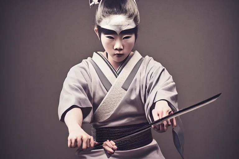 Image similar to beautiful photo of a young modern geisha samurai warrior practising the sword, mid action swing, beautiful eyes, shining silver katana sword, award winning photo, muted pastels, action photography, 1 / 1 2 5 shutter speed, dramatic lighting