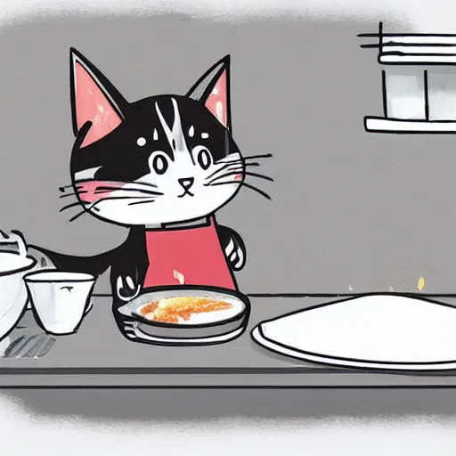 Image similar to a cute cat cooking a breakfast, sketch, high quality