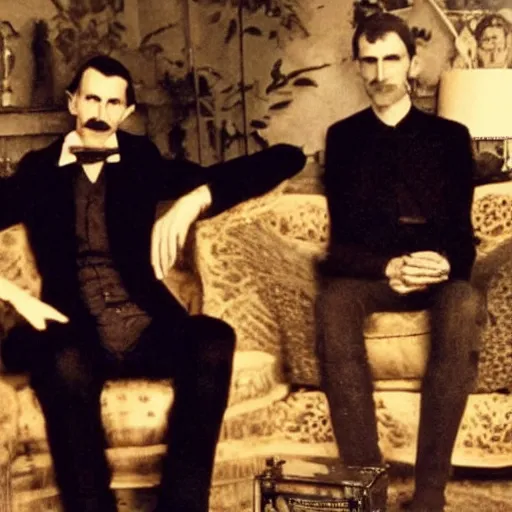 Image similar to Nikola Tesla and Aphex Twin on the moog synthesizer, rolling stones cover